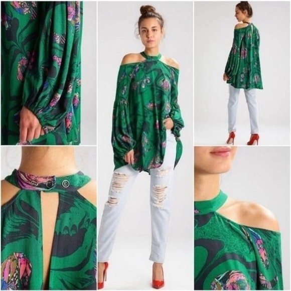 Free People Dresses & Skirts - Free people Drift Away green bright bohemian tropical floral Tunic Size Large